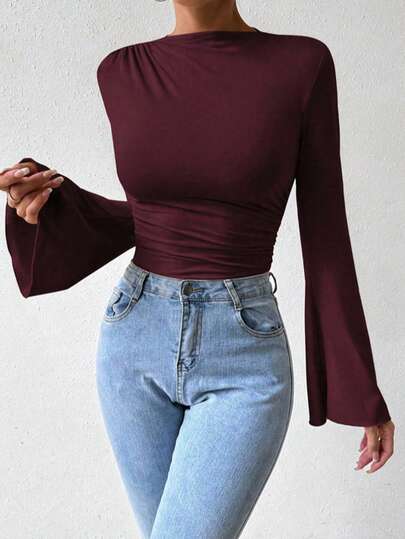 INAWLY Áo liền thân dáng xòe tay bồng màu trơn dành cho nữ, kiểu dáng thường ngày.