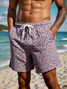 Manfinity Swimmode Pantalones cortos casuales de playa con estampado de leopardo, cintura con cordón y bolsillos para hombre, vacaciones - Rosa vieja - Ver 7