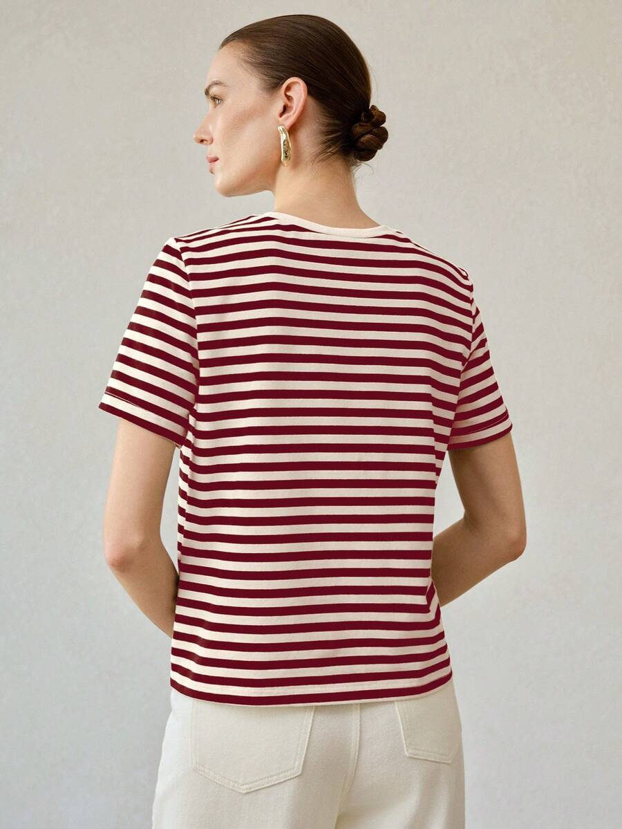 MOTF PREMIUM WOMEN'S ALL-MATCH ROUND NECK SHORT SLEEVE T-SHIRT, CASUAL VERSATILE STRIPED TOP FOR SUMMER - Burgundy - View 2