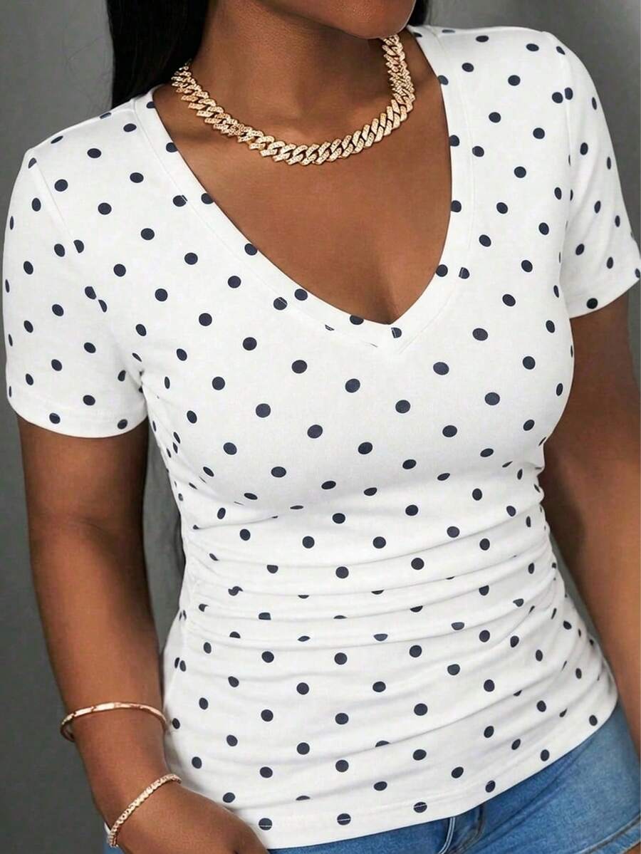 Slaydiva Versatile Casual Minimalist Polka Dot Pattern Plus Size V-Neck T-Shirt, Suitable For Music Festivals In Summer Brunch Formal White - White - View 1