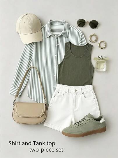 Linhara Bộ đồ 2 món cỡ lớn: Áo tank top cổ tròn màu trơn và áo sơ mi dài tay cài cúc phía trước in họa tiết kẻ sọc.