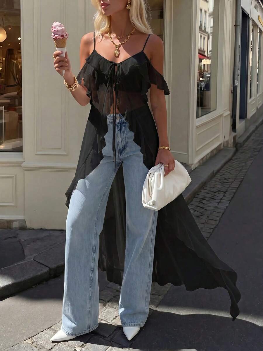 Firerie Áo hai dây maxi cổ chữ V xếp ly xuyên thấu gợi cảm kiểu Bohemian dành cho nữ, thích hợp cho lễ hội âm nhạc, kỳ nghỉ biển. - màu đen - Xem 1