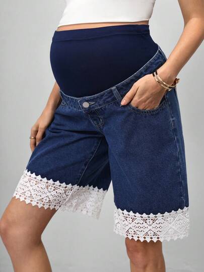 SHEIN 孕妇简约碎花边牛仔短裤
