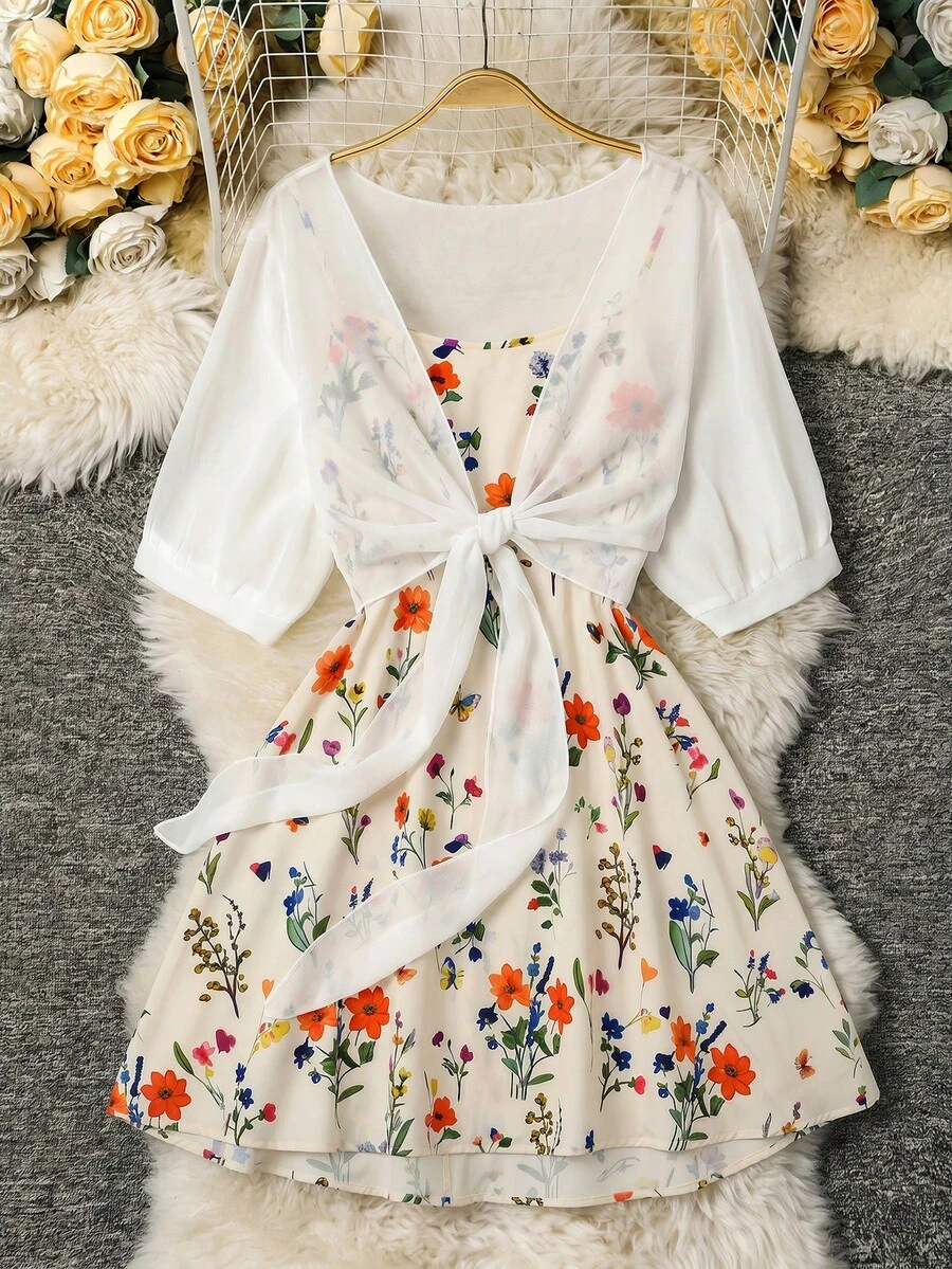 SHEIN Clasi 大尺碼女款花卉印花吊帶洋裝與前綁帶開襟外套 2 件套 - 彩色 - 查看 1