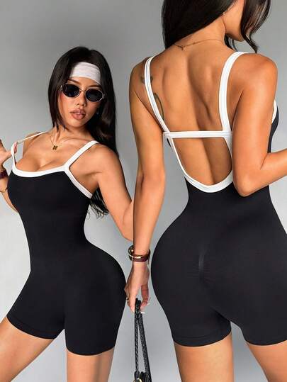 WanderVale 1pc Seamless Athletic Romper, Moisture-Wicking Fabric, Contrast Color Design, Basic Black & White, Fitness/Yoga