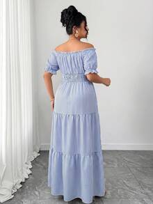 Elenzga Plus-Size Striped Off-Shoulder Dress,Blue And White Summer Boho Beach Holiday Elegant Maxi Dress With Ruffled Petal Sleeves,Ruched Waist & Side Slit - Blue - View 2