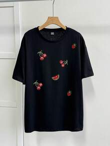 SHEIN EZwear 女士休闲宽松圆领短袖T恤，樱桃印花，女士夏季服装 - 黑色 - 查看 7
