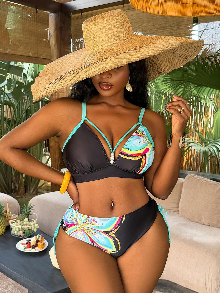 Slaydiva Plus Size Contrast Color Summer Beach Bikini Set - Multicolor - View 1
