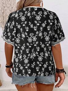 EMERY ROSE Plus Size Women Floral Embroidery Square Collar Short Sleeve Casual Boho Shirt Vacation Black And White Summer Business - Black - View 2