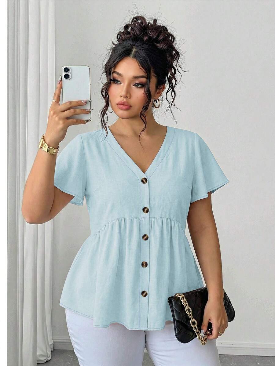 Elenzga Plus Size Bamboo Knot V-Neck Casual Solid Color Short Sleeve Blouse - Blue - View 1