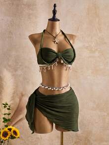 Bellisia Conjunto de tankini de traje de baño con tirantes finos, con patrón de onda beige y decoración de conchas y estrellas, para primavera/verano/otoño - Verde Oscuro - Ver 4