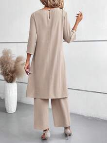 EMERY ROSE Women's Summer Solid Color 3/4 Sleeve Slit Shirt And Relaxed Waist Long Pants 2 Pieces Set - Khaki - View 2
