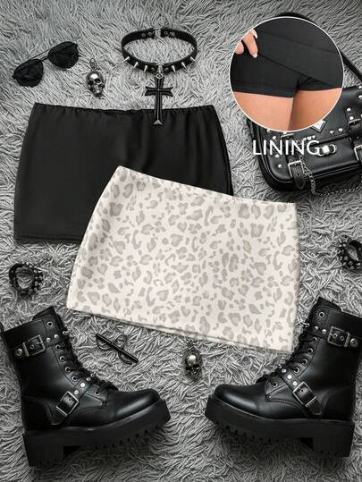 Attitoon Black & Light Leopard 2pcs Set Casual Low Waist Bodycon Mini Skirt For Women – With Lining, Leopard Print & Solid Color, Y2K Retro Summer Streetwear, Vintage, Grunge, Punk & Goth Styles, Back To School, Hip-Hop, Club Outfits, Gym & Sports Wear, Gen Z , Western Festival