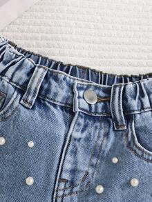 SHEIN Explorewe Young Girl' Distressed Denim Shorts, Adorned With Pearls, High-Waisted A-Line Wide Leg Pants, Soft Washed Blue Jeans Shorts, Comfortable Cotton, Versatile For Daily Wear, School, Commute, Party, Home, Festivals - Medium Wash - View 7