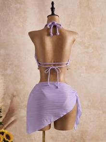 Bellisia Women's New Arrival Spring/Summer/Autumn Fashionable Beige Wave Pattern Seashell & Star Decor Spaghetti Strap Tankini Swimwear Set - Purple - View 2