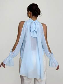 Firerie Women's Light Blue Elegant Party Blouse,Hollow Out Ruffle Sleeve Halter Neck Irregular Hem,Flowy Summmer Vacation Wear,Semi-Sheer Boho Top - Baby Blue - View 4