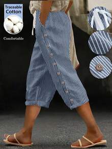 SHEIN LUNE CURVE Plus Size Women's Spring/Summer Linen Striped Casual Comfortable Basic Striped Pants, Everyday/Beach Wear Capri Pants With Button Decor - Navy Blue - View 1