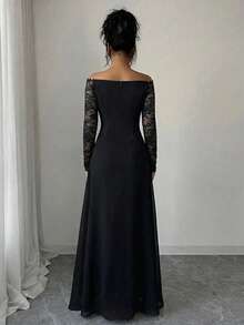 Elenzga Women's Off-Shoulder Contrast Lace Long Sleeve Fishtail Maxi Dress,Crystal Embellished Formal Gown For Dining,Black And White,Winter,Elegant - Black - View 2