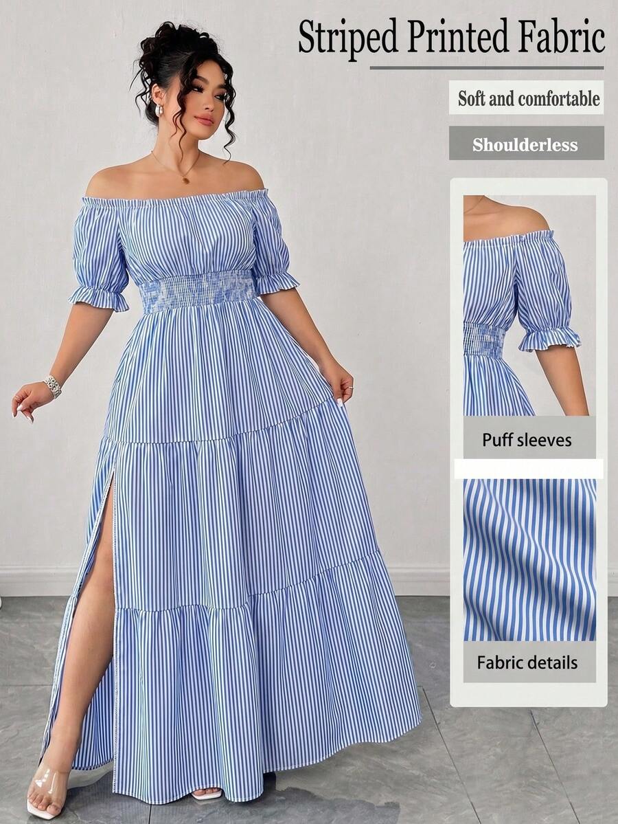 Elenzga Plus-Size Striped Off-Shoulder Dress,Blue And White Summer Boho Beach Holiday Elegant Maxi Dress With Ruffled Petal Sleeves,Ruched Waist & Side Slit - Blue - View 1
