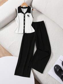 Conjunto de top de tirantes con cuello de contraste para adolescentes, de tela acanalada y ajuste ceñido, con diseño gráfico tipo polo, combinado con pantalones anchos de cintura alta, casual pero a la moda - Blanco y Negro - Ver 4