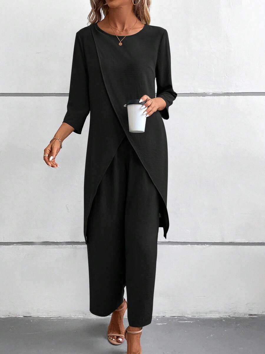 EMERY ROSE Women's Solid Color 3/4 Sleeve Shirt And Elastic Waist Pants 2 Pieces Set - Black - View 1