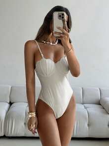 Aloruh 女款優雅米白色純色貝殼杯式連身泳衣，復古夏季度假女式比基尼泳裝，女款度假海灘穿搭 - 杏色 - 查看 9