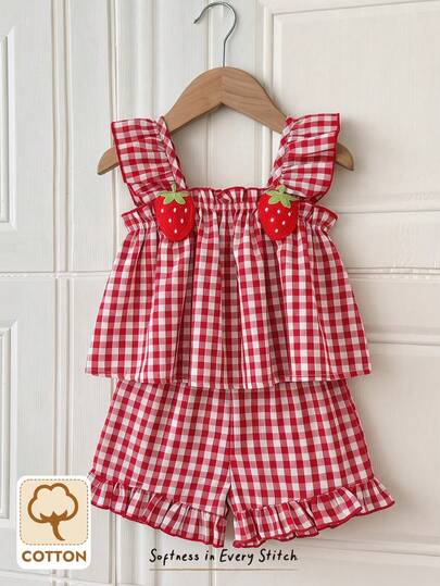 Cozy Pixies 2pcs/Set Toddler Girls' Cute Casual Red & White Patch Ruffle Trim Strawberry Print Camisole Top And Elastic Waist Shorts Summer Outfit