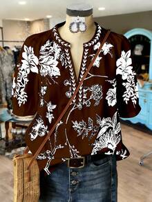 Linhara Versatile Mid-Sleeve V-Neck Floral Print Casual Shirt, Suitable For Commuting, Vacation, Fits Multiple Occasions, Plus Size - Brown - View 3