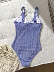 Swim Lushoire 1件条纹特殊面料交叉前开襟连体泳衣 - 藍色 - 查看 2