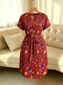 Celure Summer Vacation Casual Plus Size Floral Print Dress - Red - View 4
