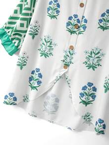 Linhara Blusa de cuello redondo con volantes en los puños y estampado floral para mujer de talla grande - Multicolor - Ver 6