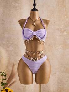Bellisia Women's New Arrival Spring/Summer/Autumn Fashionable Beige Wave Pattern Seashell & Star Decor Spaghetti Strap Tankini Swimwear Set - Purple - View 4