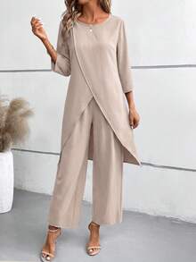 EMERY ROSE Women's Summer Solid Color 3/4 Sleeve Slit Shirt And Relaxed Waist Long Pants 2 Pieces Set - Khaki - View 3