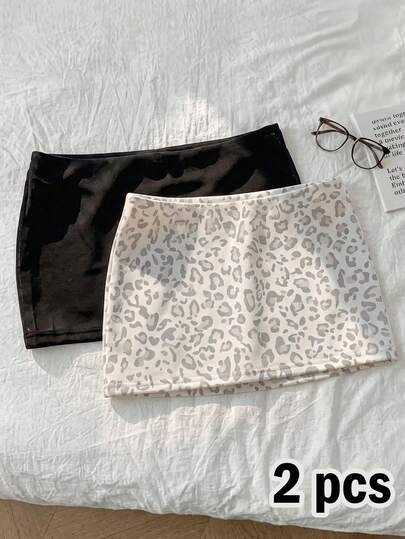 Attitoon Black & Light Leopard 2pcs Set Casual Low Waist Bodycon Mini Skirt For Women – With Lining, Leopard Print & Solid Color, Y2K Retro Summer Streetwear, Vintage, Grunge, Punk & Goth Styles, Back To School, Hip-Hop, Club Outfits, Gym & Sports Wear, Gen Z , Western Festival