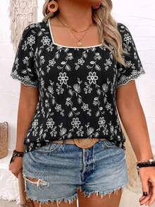 EMERY ROSE Plus Size Women Floral Embroidery Square Collar Short Sleeve Casual Boho Shirt Vacation Black And White Summer Business - Black - View 1