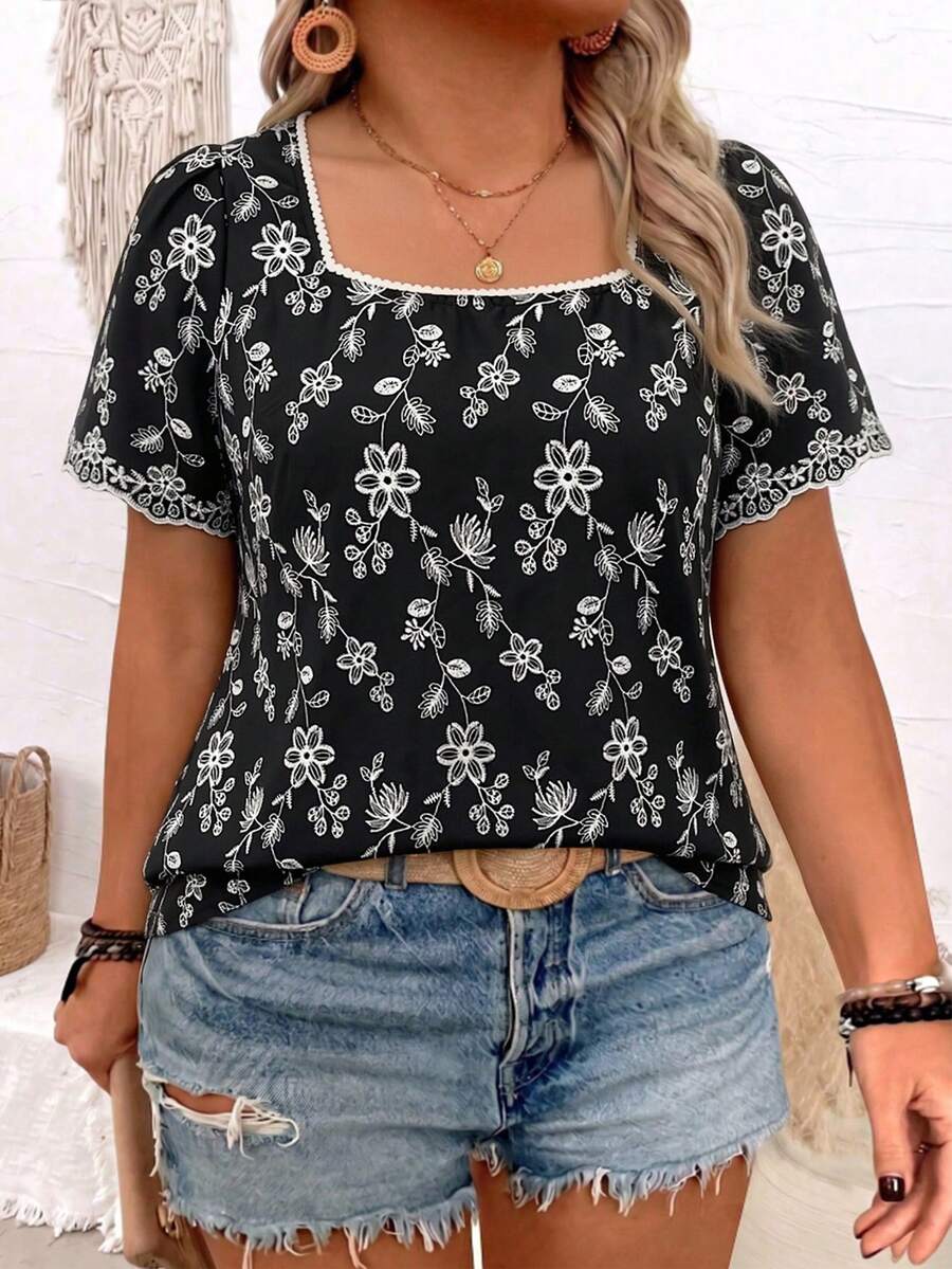 EMERY ROSE Plus Size Women Floral Embroidery Square Collar Short Sleeve Casual Boho Shirt Vacation Black And White Summer Business - Black - View 1