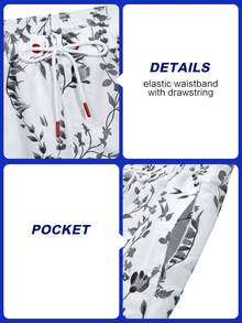 Manfinity Swimmode Men's Floral Print Drawstring Waist Casual Beach Shorts , Holiday Vacation Beach Hawaii Tropical Swim Bathing Couple's Date Vacation - Black and White - View 6