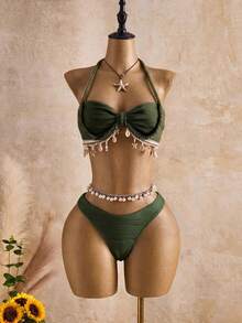 Bellisia Conjunto de tankini de traje de baño con tirantes finos, con patrón de onda beige y decoración de conchas y estrellas, para primavera/verano/otoño - Verde Oscuro - Ver 3