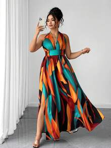 Elenzga Đầm chữ A buộc dây cổ yếm thời trang thanh lịch dành cho nữ cỡ lớn mùa hè đi nghỉ mát - Nhiều màu - Xem 4