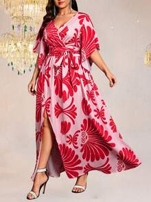 Clasi Vestido de mujer talla grande con cuello en V, mangas acampanadas con lazo y abertura - Rosa Fucsia - Ver 5