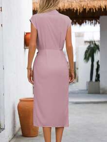 EMERY ROSE Women Summer Solid Color Lapel Twisted Waist Ruffle Hem Dress Maxi Women Outfit - Dusty Pink - View 2