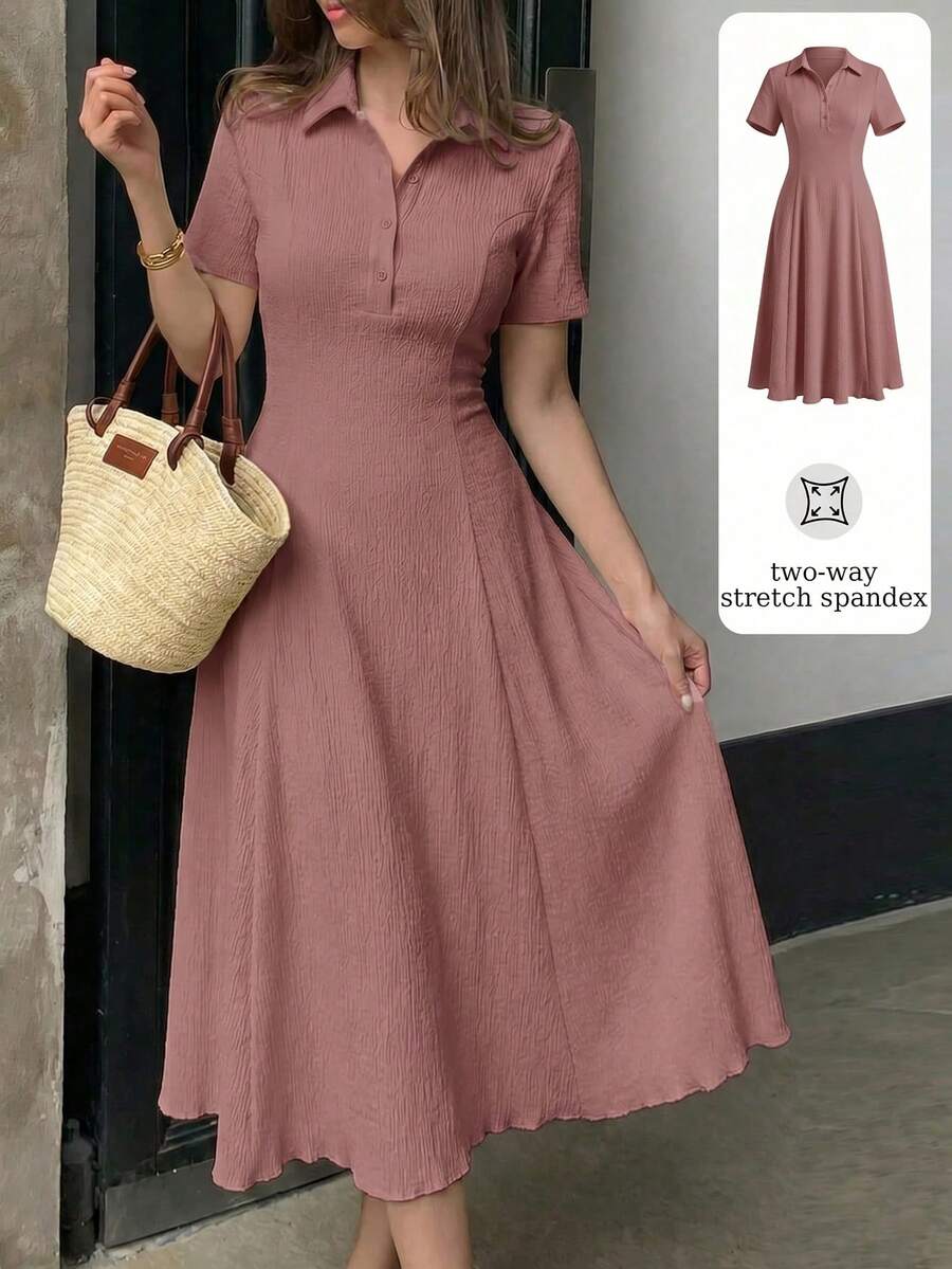 Modelyn Women's Solid Color Knit Mid-Length Dress Polo Lapel Partial Button Placket Crinkle Wrinkle Textured Fabric Vacation Resort Casual Wear Summer Dresses - Dusty Pink - View 1