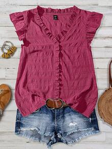 SHEIN LUNE CURVE Blus Kasual Pas Badan Wanita Ukuran Plus Warna Polos Bertekstur Leher V dengan Hiasan Ruffle dan Lengan Kelopak - Hot Pink - View 6