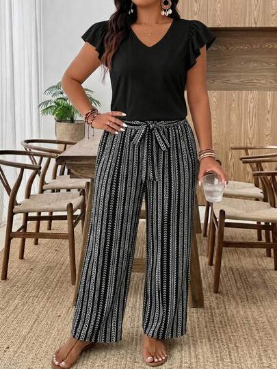SHEIN Frenchy 2pcs Plus Size Women's Bohemian Black Solid Top And Black & White Striped Pattern Pants Set, Fashionable New Style, Suitable For Spring/Summer Outdoor Wear
