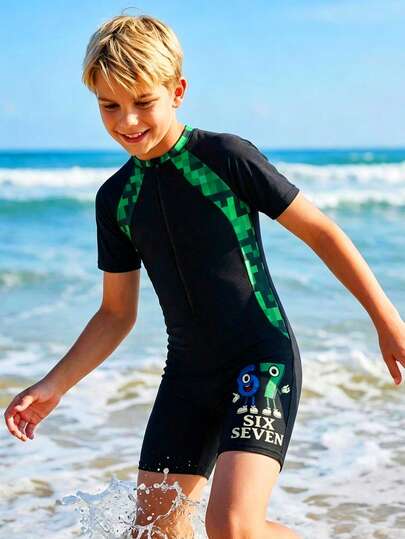 SHEIN Tween Boy Casual Cartoon 67 Number Colorful Building Block Pattern One-Piece Swimsuit, Suitable For Beach, Swimming, Surfing