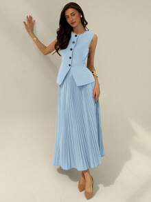 Aloruh Women's Elegant Commuter Solid Color Vest & Pleated Skirt Suit In Fall/Winter - Baby Blue - View 6