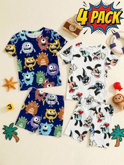 SHEIN Young Boy Cartoon Dog Print Casual Minimalist Snug Fit Round Neck Short Sleeve Shorts Pajamas, Suitable For Spring/Summer