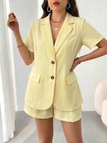 EMERY ROSE Plus Size Summer Commuter Elegant Notched Collar Short Sleeve Dopamine Yellow Blazer Jacket And Shorts Set Formal Office - Yellow - View 3