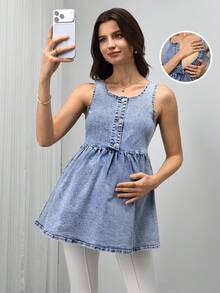 SHEIN 孕妇无袖休闲牛仔上衣 - 淺色水洗藍 - 查看 3