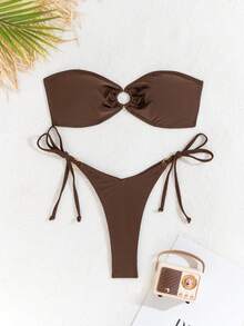 Swim Basics Ladies' Solid Color Simple Daily Bikini Set (Two-Piece) Bathing Suit For Summer Beach - Coffee Brown - View 3